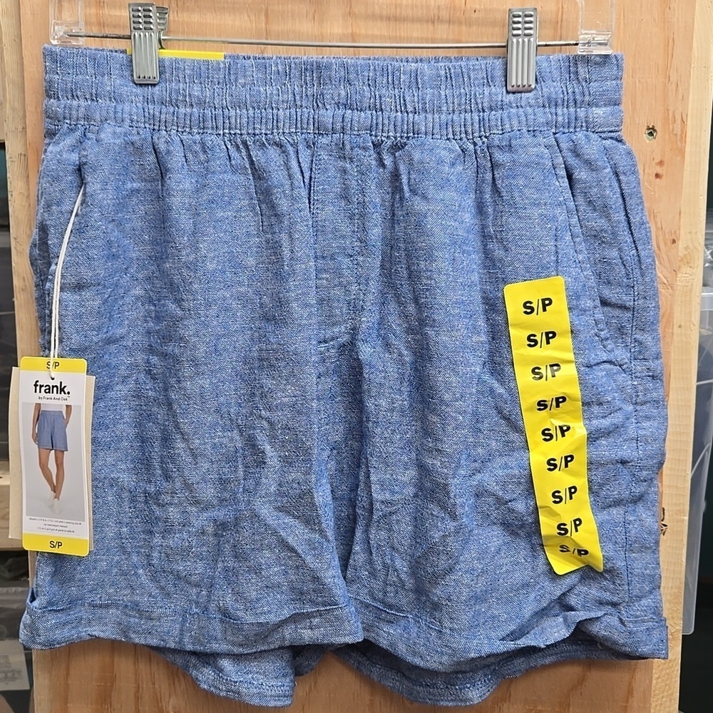 Frank & Oak Size S Blue and White High Waisted Linen Blend Short
